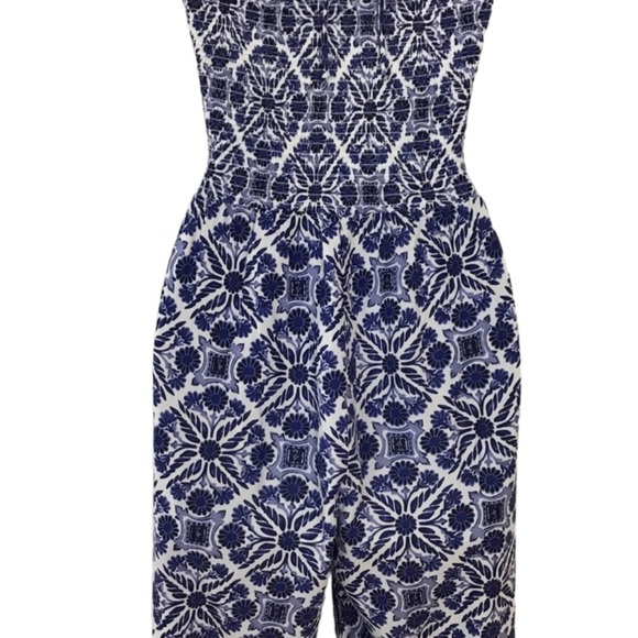 Patrons Of Peace Boho Blue White Floral Smocked Halter Jumpsuit Size XS … - Picture 4 of 7